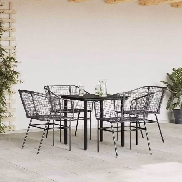 Berkfield Home Beautiful 5 Piece Garden Dining Set in Black Poly Rattan with Glass Top