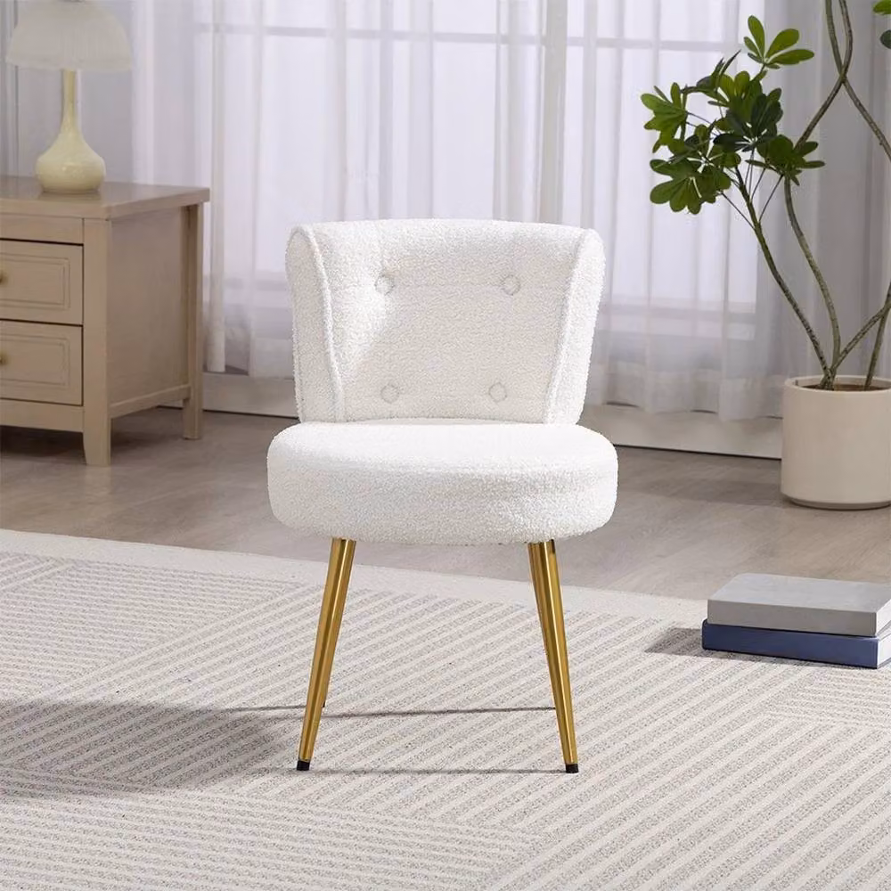 KORVIXA White Bouclé and Gold Metal Cylindrical Dressing Table Stool for Bedroom or Living Room, Diameter: 100 cm – 2