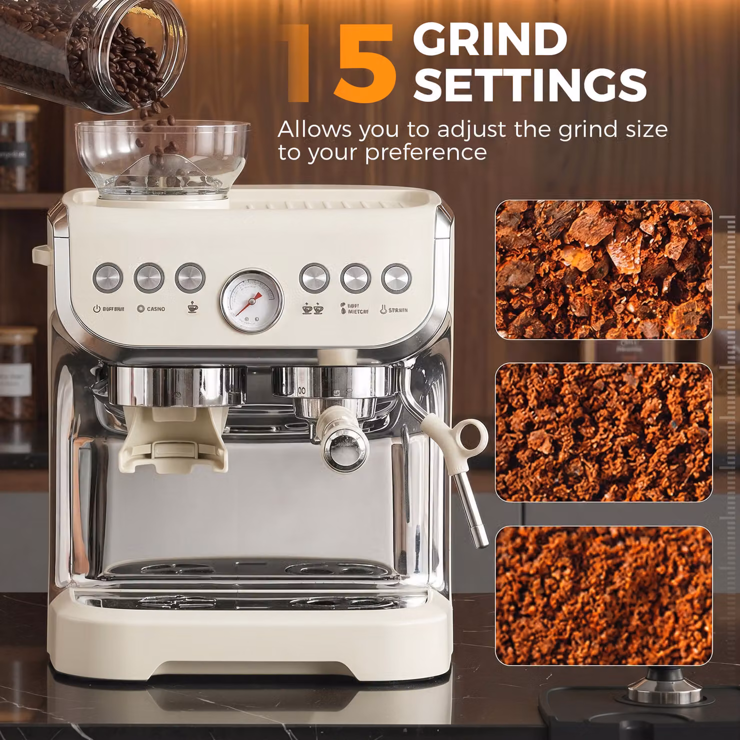 HOMCOM Bean to Cup Coffee Machine with Integrated Grinder and Steam Wand, Cream White – 3