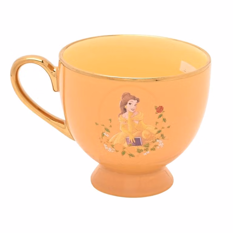 Disney Pastel Princess Floral Ceramic Tea Cup and Saucer for Children in Yellow, Turquoise and Gold