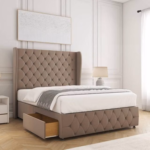 BSSPOKE Faye Velvet Divan Bed with 54 inch Headboard and 2 Drawers, Beige, Super King, W/D/H: 200 x 167.64 x 137.16 cm