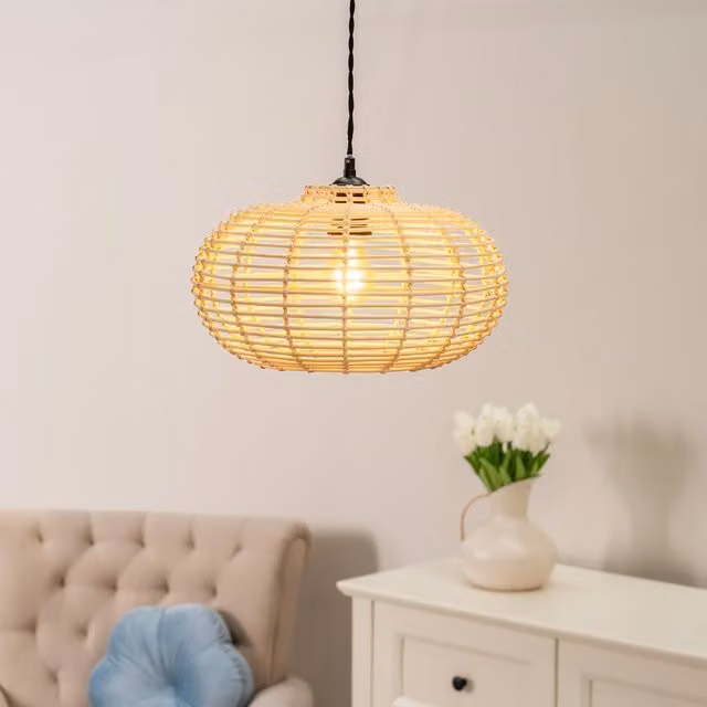 ValueLights Romy Boho Round Natural Rattan Easy Fit Ceiling Light Shade with Warm White LED Bulb in Beige, Brown and Yellow