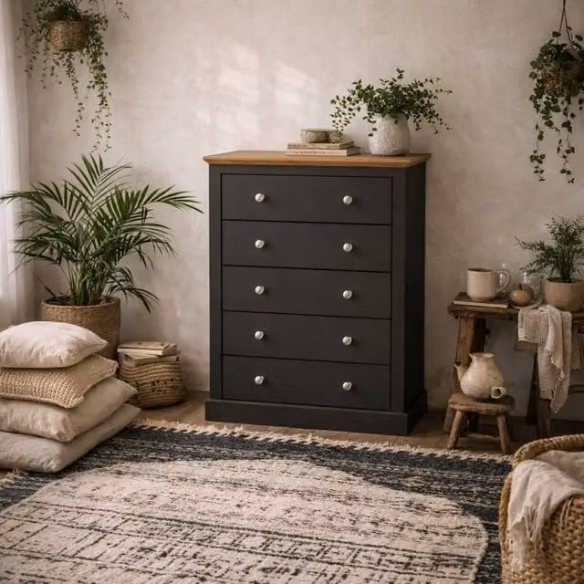 Wyld Haus Ardee 5 Drawer Chest in Dark Grey with Natural Oak Top
