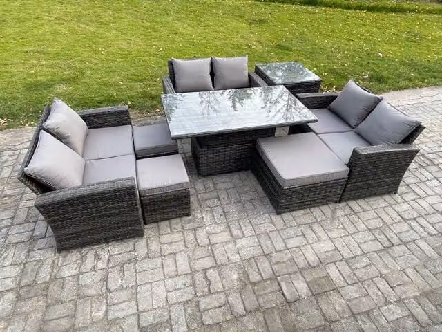 Fimous Dark Grey PE Rattan Garden Furniture Set with Height Adjustable Rising Lifting Table and Side Table