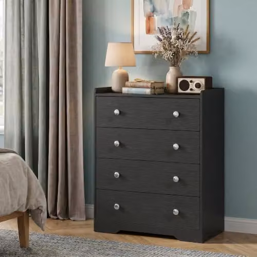 HOMCOM Modern 4 Drawer Chest of Drawers, Black Wood Effect Storage Cabinet – 6