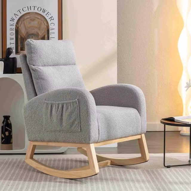 Aosom.UK Modern Mid-Century Rocker with Solid Wood Legs and Light Grey Bouclé Padded Seat, H x W x D: 104.5 x 71 x 71 cm – 1