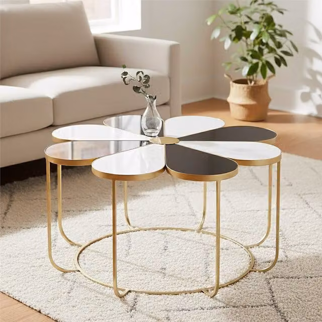 Orsina Black and White Floral Petal-Top Side Table with Gold Metal Frame, W/D/H: 45 x 45 x 75 cm – 2