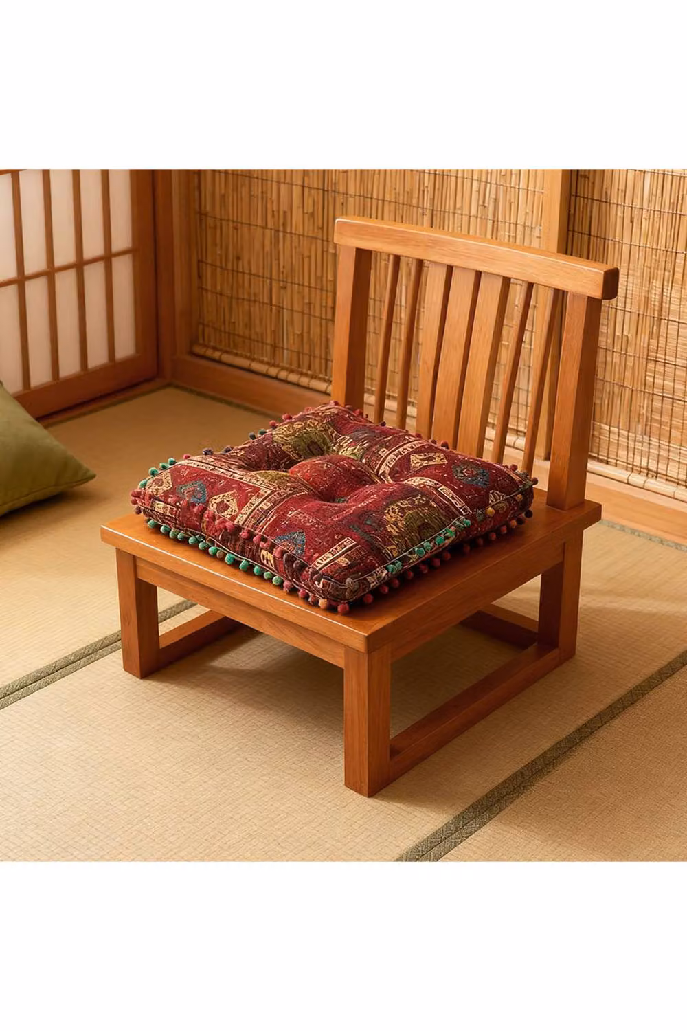 Living and Home Red Linen Bohemian Patterned Square Seat Cushion with Pom-Pom Trim – 2