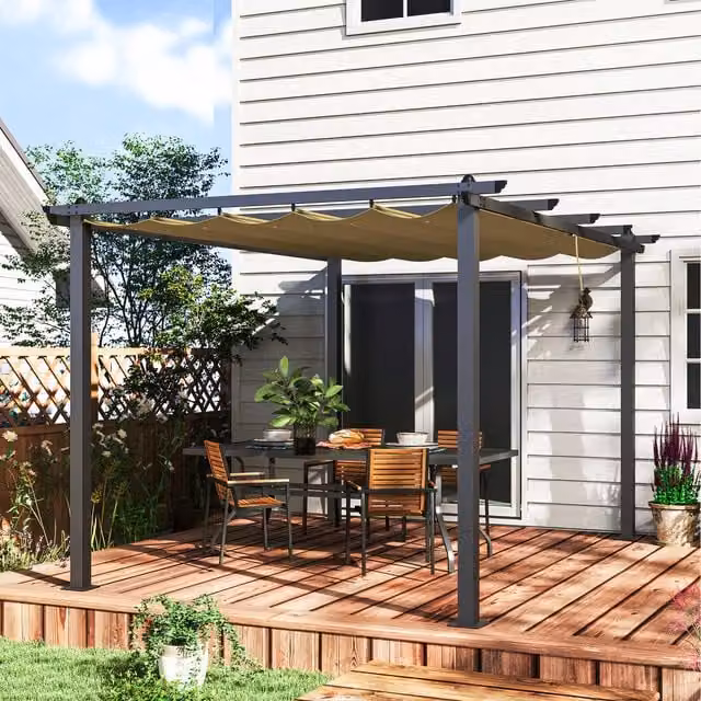 Outsunny Modern Aluminium Pergola with Retractable Roof in Beige or Brown, W: 300 cm x D: 300 cm