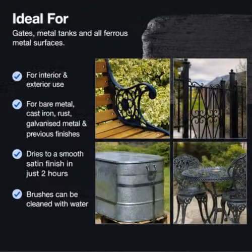 Rustins Quick Drying Water Based Metal Paint in Satin Gloss Black, 1 l – 3