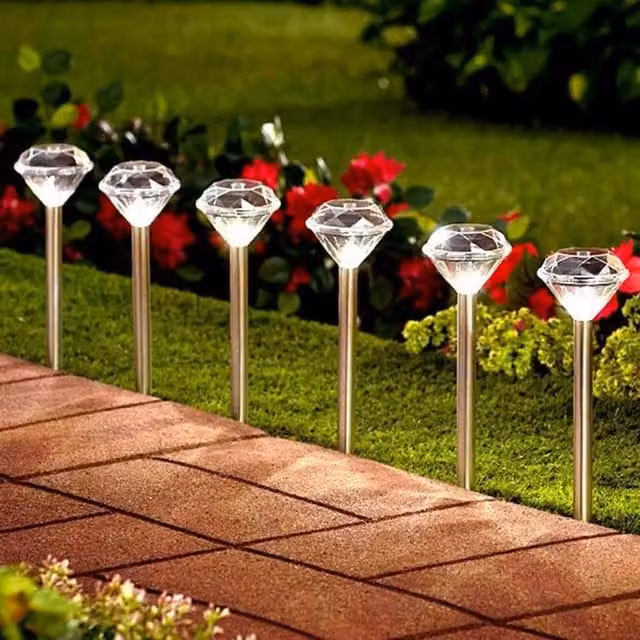 SPETLEK 10-Pack Solar Powered LED Diamond Garden Stake Lights in Transparent and Silver with Warm White Light
