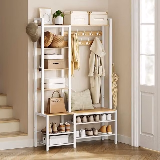 VASAGLE Hall Tree with Bench and Shoe Storage in White, H 190 x W 120 x D 33 cm – 1