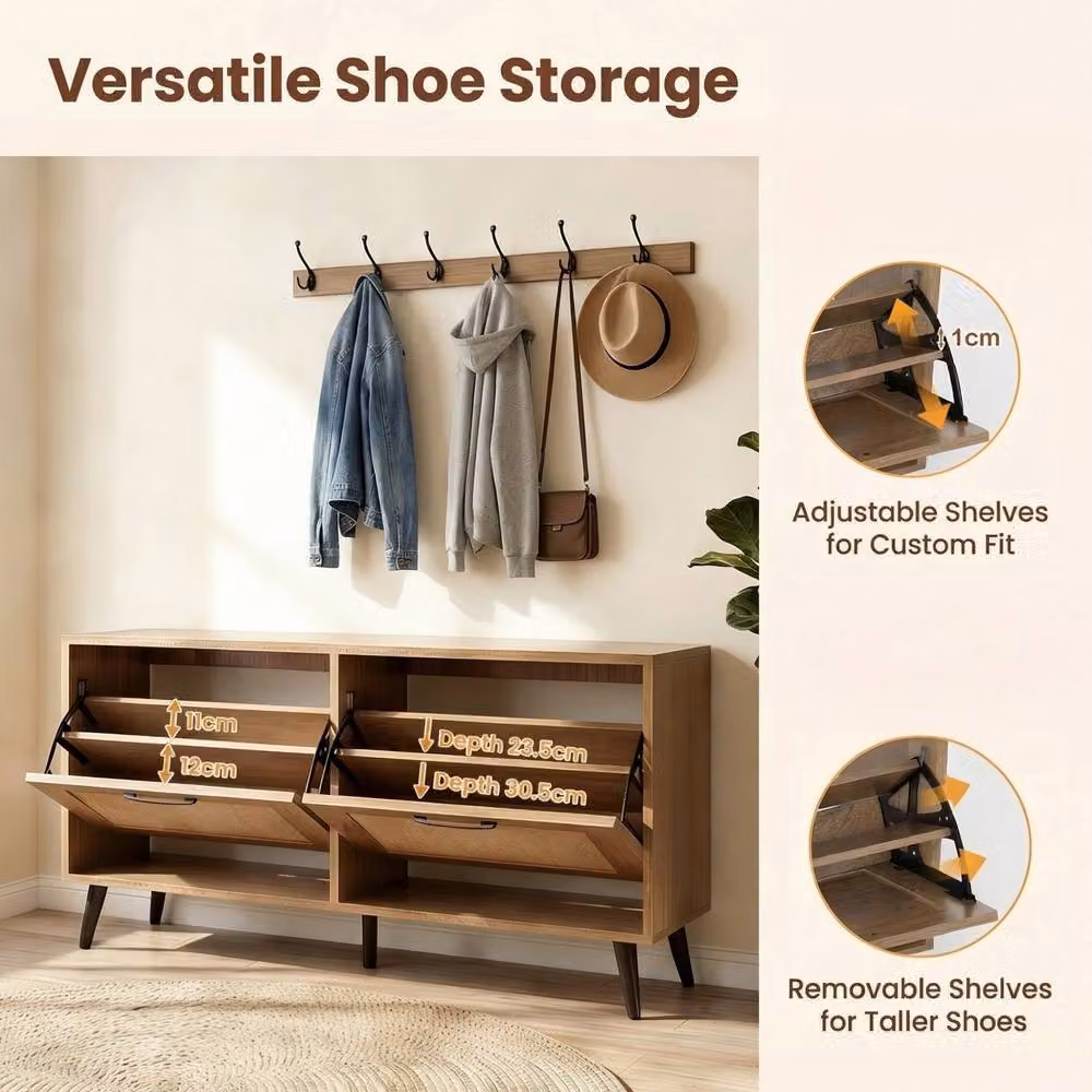 Gymax Freestanding Narrow Shoe Storage Cabinet with Hinged Doors and Open Shelves in Brown – 4