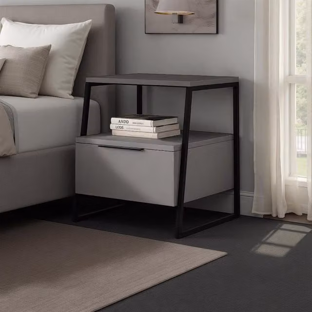FWStyle Modern 1 Door Bedside Table with Black Metal Frame in Anthracite Grey
