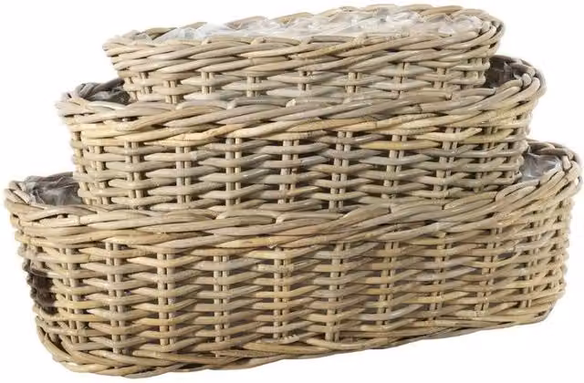 KDMD Set of 3 Oval Tapered Rattan Baskets with Liners in Beige