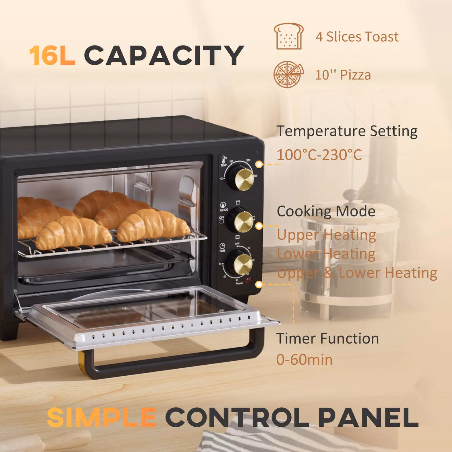 HOMCOM 16L Mini Countertop Oven with Adjustable Timer and 1400W Power in Black – 4