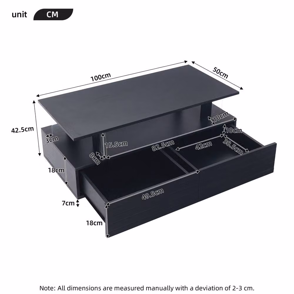 STILVORA Modern Black Coffee Table with LED, 2 Drawers and Open Storage – 2