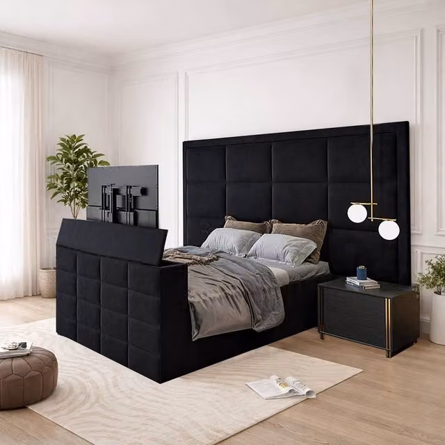 KDMD Amberley Black Velvet Upholstered Television Bed Frame with Drawers, 180 x 200 cm