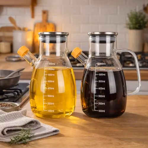 Eden & Willow Glass Olive Oil and Vinegar Dispenser Set with Stainless Steel Lid and Non-Drip Spout, 2 Pieces, 800ml each, Transparent – 2