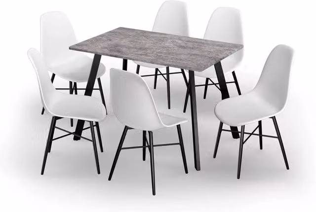 URBNLIVING Modern Dining Set with 110 cm Concrete Effect Rectangular Table and 6 White Tulip Chairs