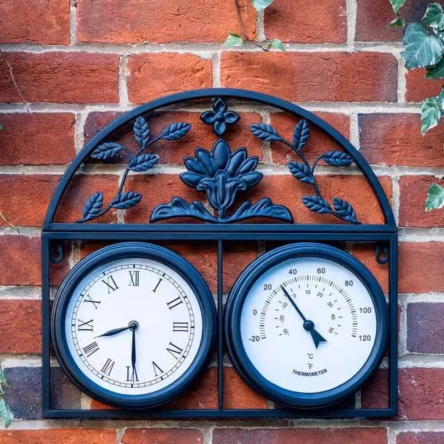 Highgrove Garden Classic Round Analog Wall Clock and Thermometer in Black and Cream with Floral Design
