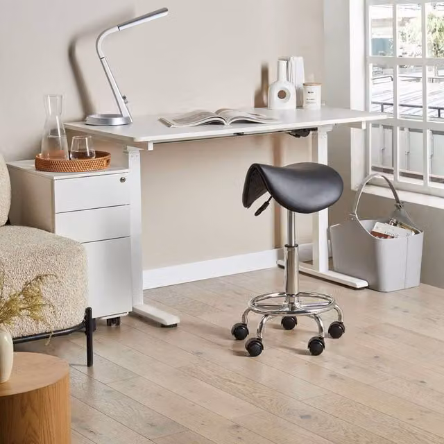 Wyld and Coco Ergonomic Saddle Stool in Black Faux Leather with Metal Frame and Castors – 1