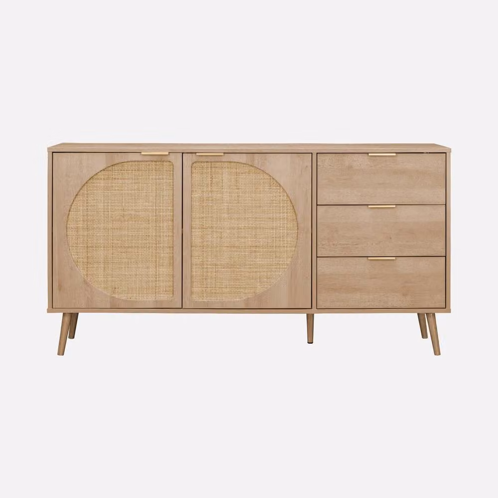 Sweek Modern Wood and Rounded Cane Rattan Sideboard in Light Brown, Width: 150 cm – 2