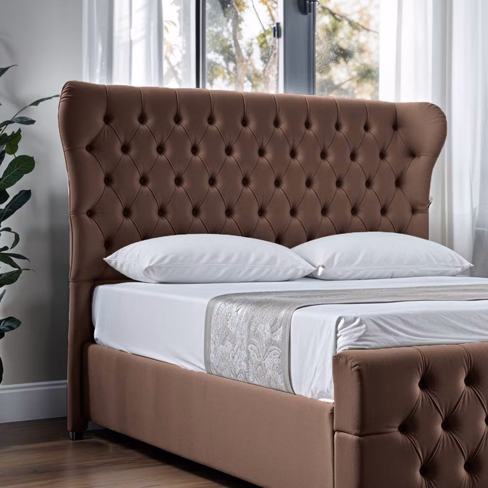 UK Bed Furniture Isabella Upholstered Slatted Base Bed with 48 Inch Wingback Headboard in Brown, Size: Double (W/D/H: 140 x 200 cm) – 3