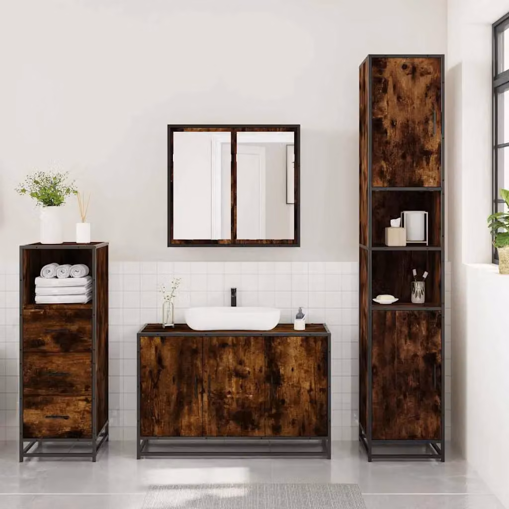 Berkfield Home 3 Piece Industrial Bathroom Furniture Set in Smoked Oak Brown – 3