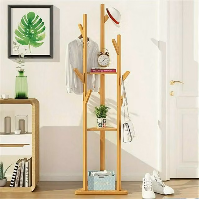 VOGREX Modern Bamboo Coat and Handbag Tree Rack in Brown