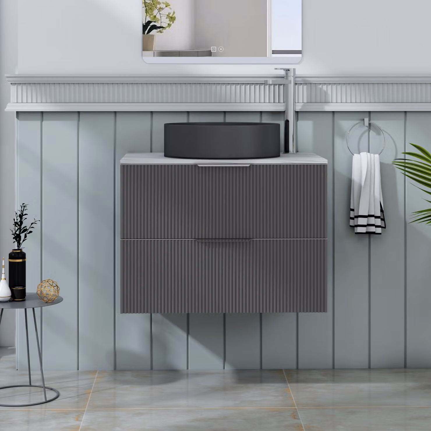 Royal Bathrooms Evora 700mm Graphite Grey Fluted Wall Hung Countertop Vanity Unit with 2 Drawers and Art Round Basin