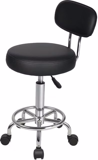 Levede Black PU Leather Rolling Stool with Low Back, Height Adjustable Swivel Task Chair with Footrest for Home, Office and Studio Use – 1