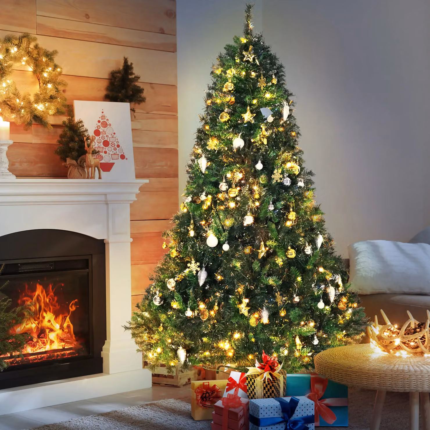 HOMCOM Pre-Lit Artificial Christmas Tree with 200 Warm White LEDs and Decorative Balls in Green with Metal Stand – 2
