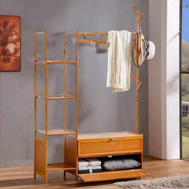 Rafaelo Mobilia Bamboo Coat Stand with Hooks, Shelves and Cabinets in Brown, H 162 x W 100 x D 30 cm
