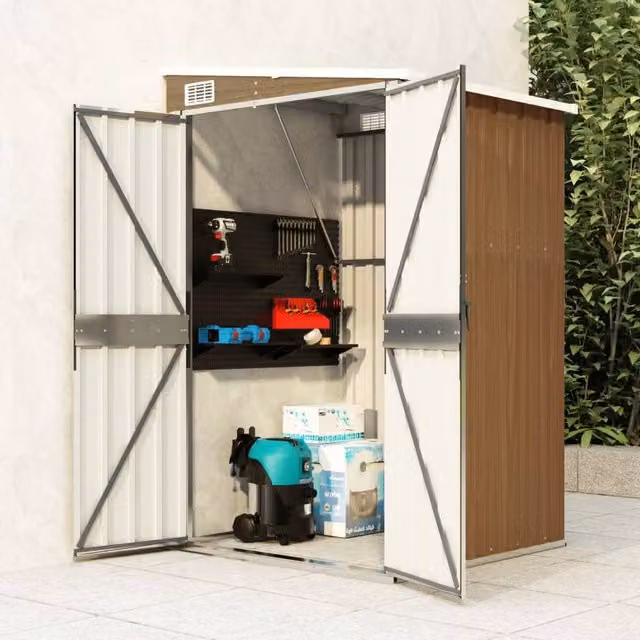 Berkfield Home Wall-mounted Lean-to Garden Shed in Brown Galvanised Steel, W/D/H: 118 x 100 x 178 cm