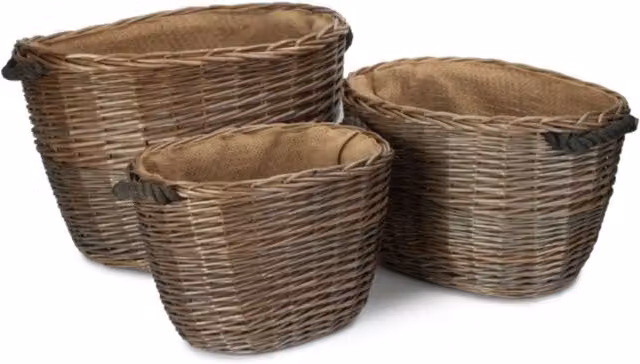 Red Hamper Set of 3 Brown Open Weave Rattan Log Baskets with Hessian Lining and Handles, Width: 39 cm – 2