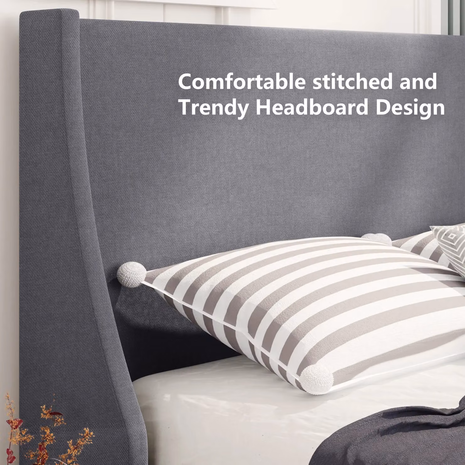 AKA Single 3FT Upholstered Bed with Winged Headboard and Wood Slat Support in Grey – 3