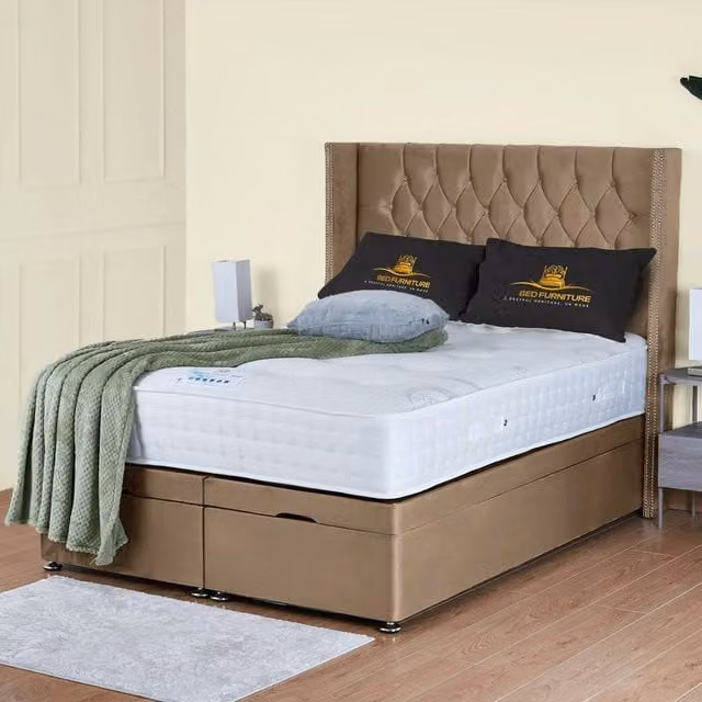 UK Bed Furniture Francesca End Lift Divan Ottoman Bed with 54 Inch Diamond Headboard in Beige, W/D/H: 120 x 200 cm