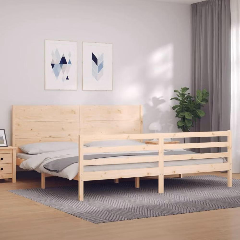 Berkfield Home Solid Wood Pine Bed Frame with Headboard in Beige, 200 x 200 cm – 2