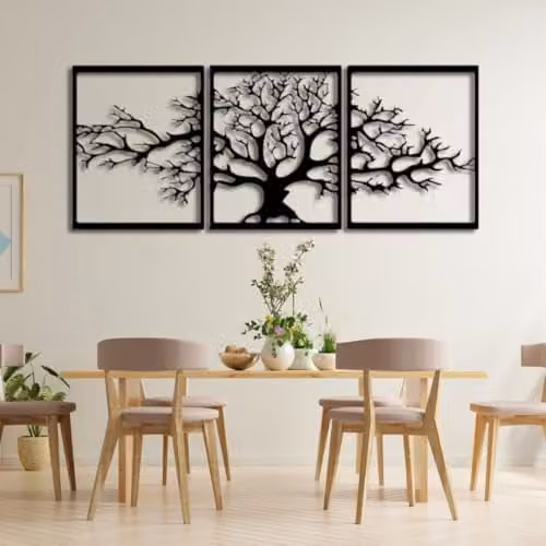 YOUR HOME RULEZ Tree of Life Black Metal Wall Art, 3 Piece Floral Botanical Decor Set, Width: 74 cm – 1