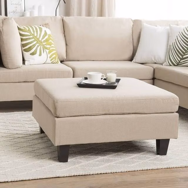 Wyld and Coco Beige Square Cube Ottoman Footstool with Polyester Upholstery and Oak Wood Frame – 1