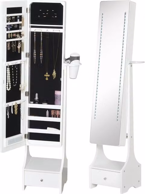 HOMCOM White Freestanding Jewellery Cabinet with Mirror, LED Lights and Internal Shelves, H 158 x W 37 x D 15 cm