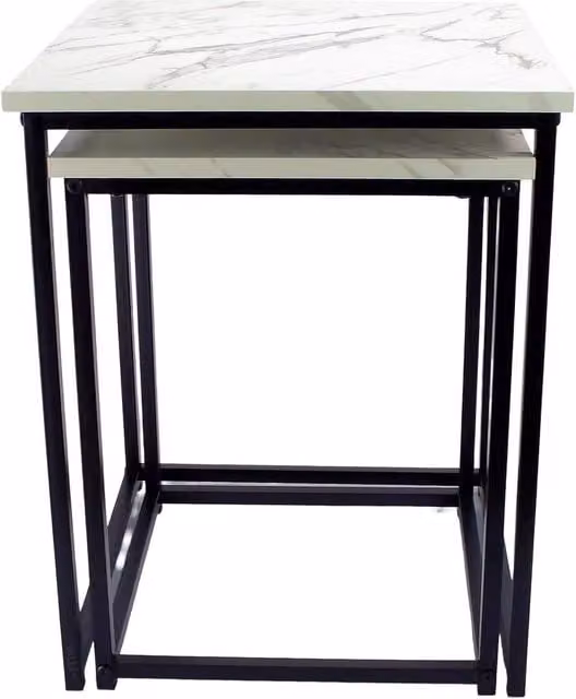 VOGREX Set of 2 Square Nesting Coffee Tables with White Marble Tops and Black Metal Frames – 1