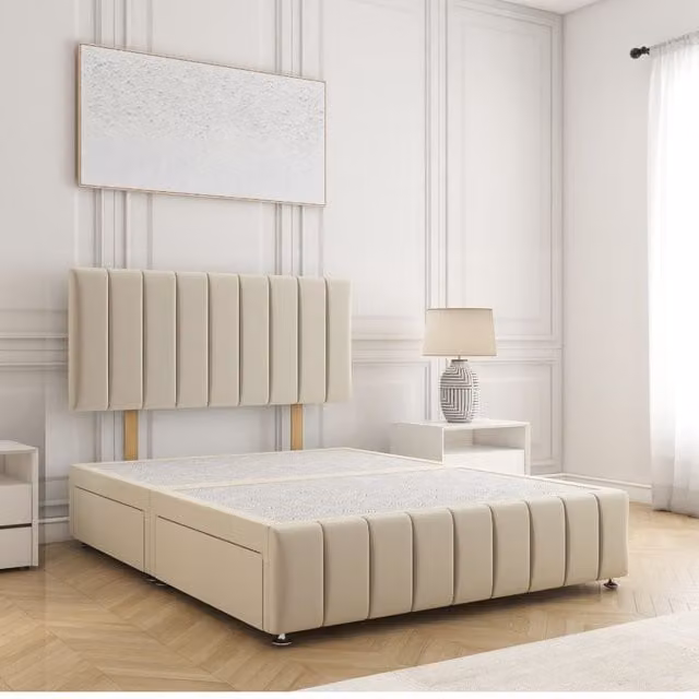 BSSPOKE Sierra Plush Velvet Divan Bed Set with 24 inch Headboard and 4 Drawers, Cream, Super King, W/D/H: 200 x 200 cm