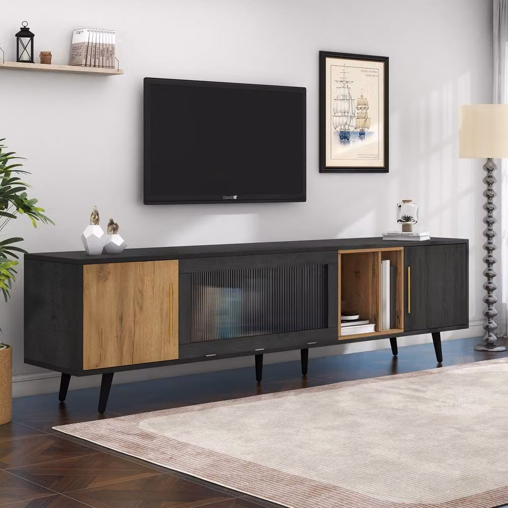 BTM Grey TV Stand with Glass Doors and MDF Storage Unit, W/D/H: 200 x 55.5 x 40 cm – 2