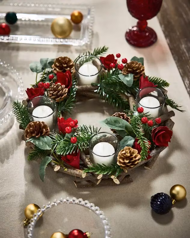 Dibor Set of 2 Red Christmas Rose Table Centrepiece Tealight Candle Holders, 30 cm – 3