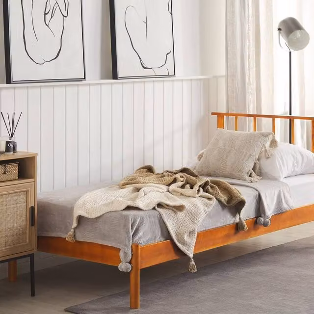 Wyld and Coco Single Pine Bed with Slatted Frame and Headboard, Brown, W/D/H: 90 x 190 x 91.44 cm