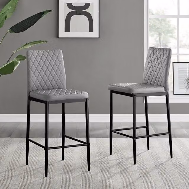 FurnitureboxUK Set of 2 Milan Hatched Faux Leather Padded Counter Stools with Black Metal Legs in Grey