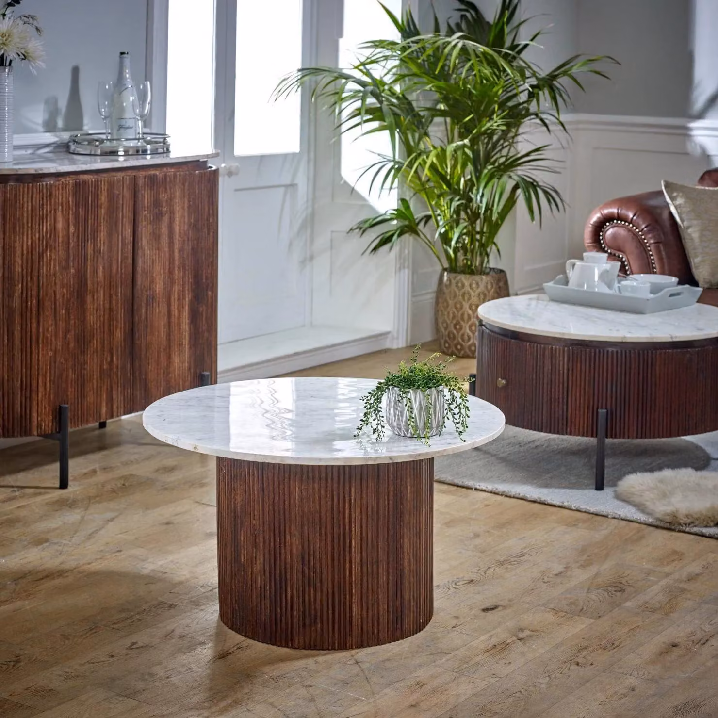 IH Design Tilden Mango Wood Coffee Table with White Marble Top, W/D/H: 80 x 80 x 45 cm – 2