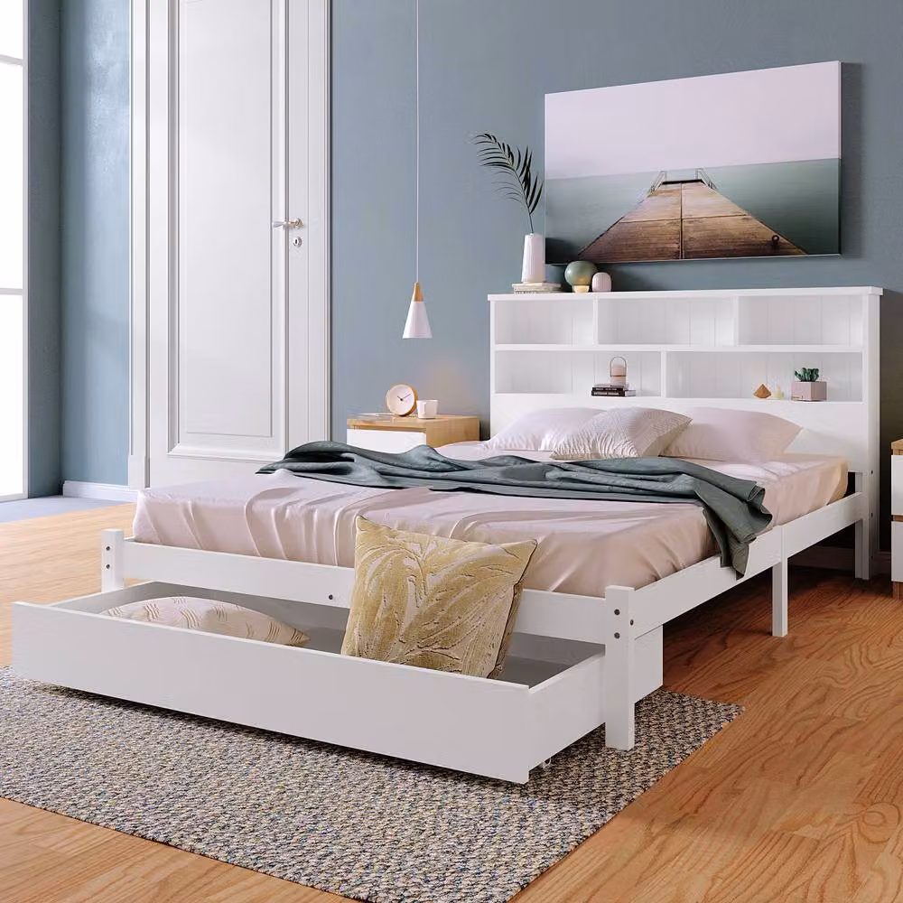 BTM White Wooden Double Bed with Bedside Shelves and Underbed Drawers, 140 x 200 cm – 2